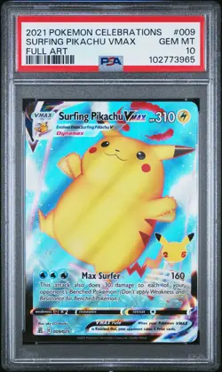 2021 POKEMON CELEBRATIONS #009 FULL ART/SURFING PIKACHU VMAX PSA 10 - Image 1
