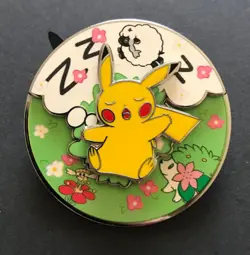 Pikachu Sleepy Spring Pin Badge Pokemon Centre 2022 Metal Spinning Scenes Wooloo - Image 1