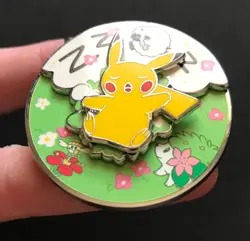 Pikachu Sleepy Spring Pin Badge Pokemon Centre 2022 Metal Spinning Scenes Wooloo - Image 3