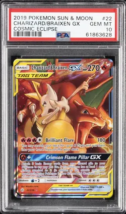 2019 POKEMON SUN & MOON COSMIC ECLIPSE #22 CHARIZARD & BRAIXEN GX PSA 10 - Image 1