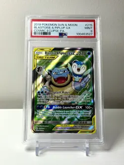 2019 POKEMON SUN & MOON COSMIC ECLIPSE #215 FULL ART/BLASTOISE & PIPLUP GX PSA 9 - Image 1