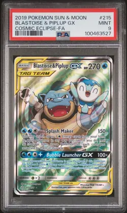 2019 POKEMON SUN & MOON COSMIC ECLIPSE #215 FULL ART/BLASTOISE & PIPLUP GX PSA 9 - Image 3