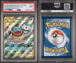 2019 POKEMON SUN & MOON COSMIC ECLIPSE #215 FULL ART/BLASTOISE & PIPLUP GX PSA 9 - Image 5