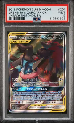 2019 POKEMON SUN & MOON UNBROKEN BONDS #201 FULL ART/GRENINJA & ZOROARK GX PSA 9 - Image 1