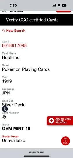 1999 POKEMON SILVER VERSION PLAYING CARDS JACK OF HEARTS #163 HOOTHOOT GEM 10 - Image 3