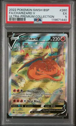 2022 Pokemon SWSH BSP FA/Charizard V #260 Ultra Premium Coll. PSA 5 CRIMP ERROR - Image 1
