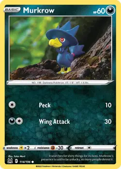 Murkrow 114/196 Swsh11: Lost Origin Regular LP-Lightly Played Pokemon TCG - Image 1