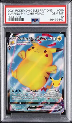 2021 POKEMON CELEBRATIONS #009 FULL ART/SURFING PIKACHU VMAX PSA 10 - Image 1