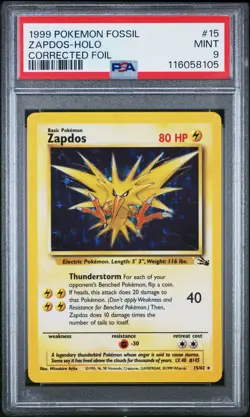 1999 Pokemon Fossil Zapdos #15 Corrected Foil PSA 9 - Image 1