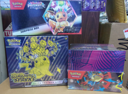 POKEMON PRISMATIC SURPRISE + SURGING ETB + MEGA EVOLUTION MINI TIN DISPLAY BOX - Image 1