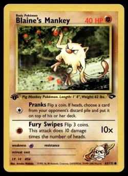 Blaine's Mankey 63/132 Pokemon Card 1st Ed. Gym Challenge Common 40 HP LP N10 - Image 1