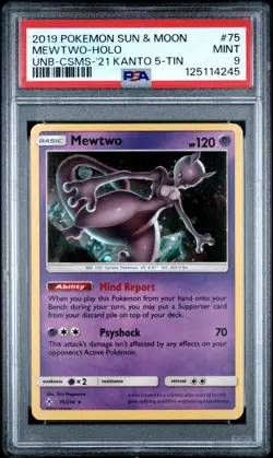 Pokemon TCG Mewtwo #75 Sun & Moon Kanto 5 Tin Cosmo Holo PSA 9 MINT - Image 1