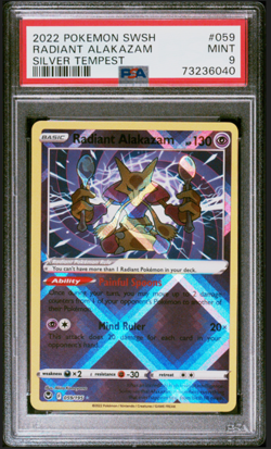 PSA 9 Mint Pokemon Sword and Shield Silver Tempest 059 Radiant Alakazam TCG Card - Image 1