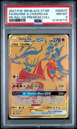 2021 POKEMON SM BLACK STAR PROMO #SM247 FULL ART/RESHIRAM & CHARIZARD GX PSA 8 - Image 1