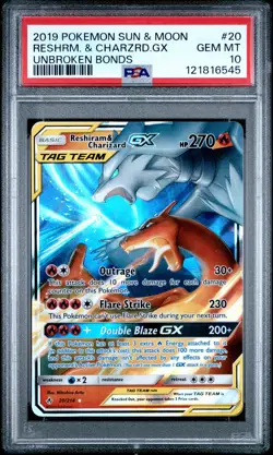 2019 POKEMON SUN & MOON UNBROKEN BONDS #20 RESHIRAM & CHARIZARD GX PSA 10 - Image 1