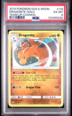 2019 Pokemon Sun & Moon Team Up Cosmos Dragonite Holo #119 PSA 6 - Image 1
