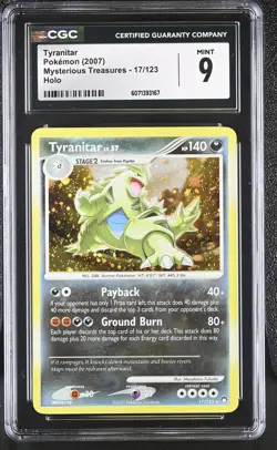 CGC 9 MINT Tyranitar 2007 Mysterious Treasures 17/123 Holo Pokemon Card - Image 1