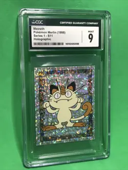 CGC 9 Mint Meowth Pokemon Merlin Series 1 #S11 Holographic Holo Sticker Vintage - Image 1