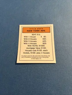 1998 Monopoly Property Deed Card NEW YORK AVENUE Game Piece Part - Image 1