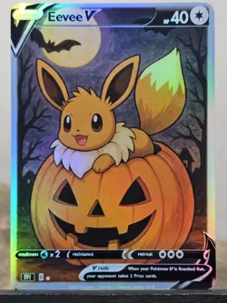 Eevee V Pokemon Custom Fan Made Art Card Halloween Pumpkin Holo!!! - Image 1