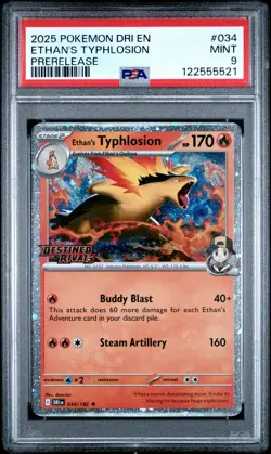 2025 POKEMON DRI EN-DESTINED RIVALS PRERELEASE #034 ETHAN'S TYPHLOSION PSA 9 - Image 1