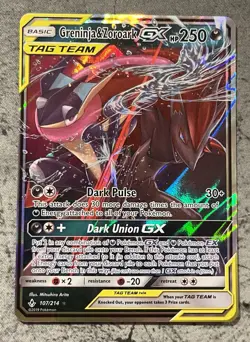 Pokemon Unbroken Bonds Greninja & Zoroark GX Holo Card 107/214 - Image 1