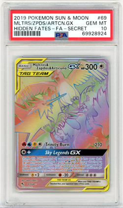 PSA 10 GEM 2019 Pokemon Moltres Zapdos Articuno GX 69/68 Secret Rare Hidden Fate - Image 1
