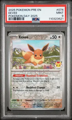2025 POKEMON PRE EN-PRISMATIC EVOLUTIONS POKEMON DAY 2025 #074 EEVEE PSA 9 - Image 1