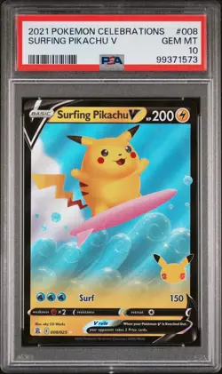 Surfing Pikachu V Celebrations 008/025 Gem Mint PSA 10 Pokemon 2021 - Image 1