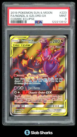2019 POKEMON SM COSMIC ECLIPSE #223/236 NAGANADEL GUZZLORD GX FA TAG TEAM PSA 9 - Image 1