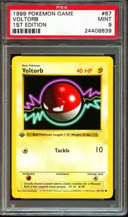 PSA 9 MINT Voltorb 67/102 1st Edition Shadowless Base Set 1999 Pokemon Card - Image 1