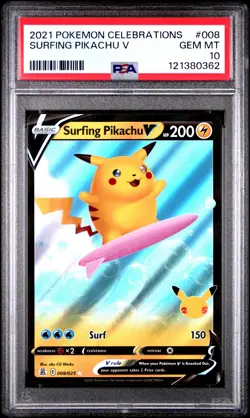 2021 POKEMON CELEBRATIONS #008 SURFING PIKACHU V PSA 10 - Image 1