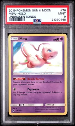 2019 POKEMON SUN & MOON UNBROKEN BONDS #76 MEW-HOLO PSA 9 - Image 1