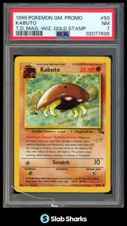 1999 POKEMON W PROMOS #50/62 KABUTO TOP DECK MAG WIZARD GOLD STAMP PSA 7 - Image 1