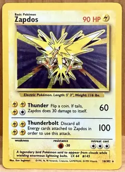 Zapdos Pokemon Base Set Holo Rare Unlimited Card #16/102 Pokemon TCG Vintage LP - Image 1
