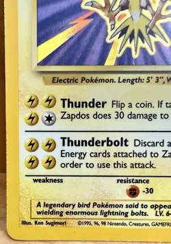 Zapdos Pokemon Base Set Holo Rare Unlimited Card #16/102 Pokemon TCG Vintage LP - Image 2