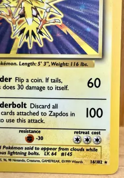 Zapdos Pokemon Base Set Holo Rare Unlimited Card #16/102 Pokemon TCG Vintage LP - Image 3