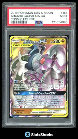 2019 POKEMON SM COSMIC ECLIPSE #156/236 ARCEUS DIALGA PALKIA GX TAG TEAM PSA 9 - Image 1