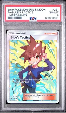 2019 Pokemon Sun & Moon Unified Minds 231 Blue’s Tactics Full Art PSA 8 NM-MT - Image 1