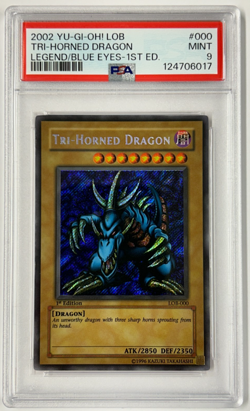 Yugioh LOB-000 Tri-Horned Dragon 1st Edition Wavy Secret Rare PSA 9 - Image 1