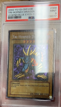 Yugioh LOB-000 Tri-Horned Dragon 1st Edition Wavy Secret Rare PSA 9 - Image 2
