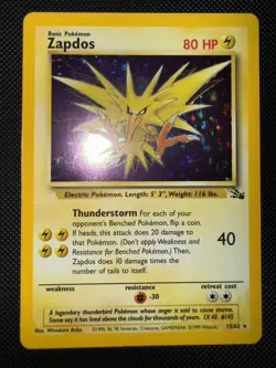 Zapdos #15/62, Fossil Holo Rare Unlimited, 1999 Vintage Pokemon TCG, LP - Image 1