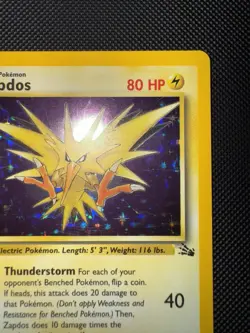 Zapdos #15/62, Fossil Holo Rare Unlimited, 1999 Vintage Pokemon TCG, LP - Image 3