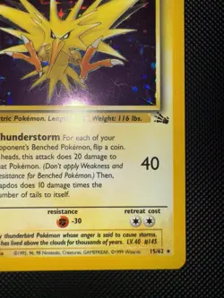 Zapdos #15/62, Fossil Holo Rare Unlimited, 1999 Vintage Pokemon TCG, LP - Image 4