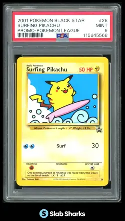 2001 POKEMON BLACK STAR PROMOS #28 SURFING PIKACHU PROMO POKEMON LEAGUE PSA 9 - Image 1