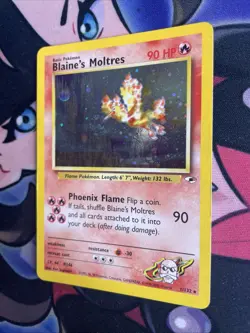 Blaine’s Moltres 1/132 MP -Vintage Holo Pokemon Card- Gym Heroes SWIRL - Image 3