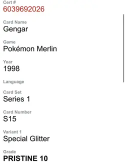 1998 Pokemon Merlin Stickers Gengar Series 1 S15 CGC PRISTINE 10 Low Pop 11 Holo - Image 4