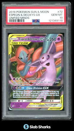 2019 POKEMON SM UNIFIED MINDS #72/236 ESPEON DEOXYS GX TAG TEAM HOLO RARE PSA 10 - Image 1