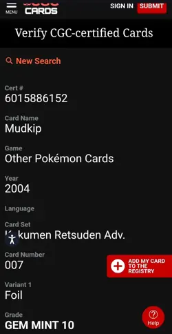 CGC 10 2004 Pokemon Mudkip Adv. Gen. Menko Amada Ensky Foil Part 1 - Image 4