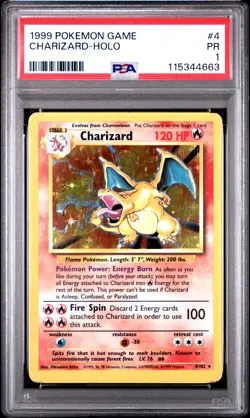 1999 POKEMON BASE SET UNLIMITED #4 CHARIZARD-HOLO PSA 1 - Image 1